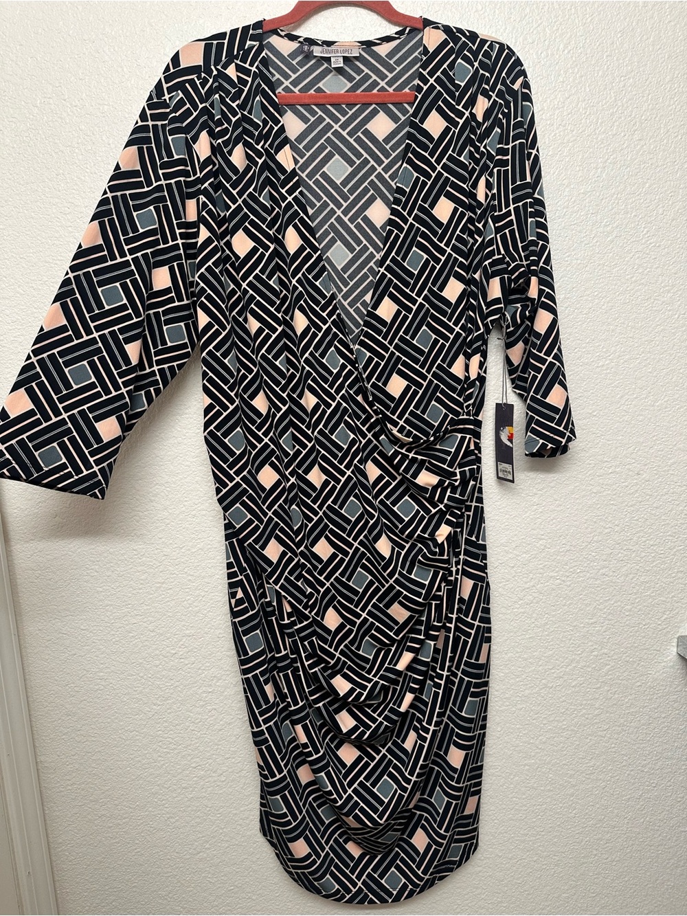 Jennifer Lopez Black & Blush Geometric Wrap Midi Dress